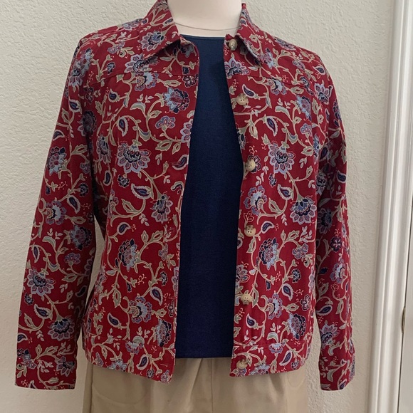 Haymaker XL, dark red, blue, green, tan floral pattern denim jacket - Picture 2 of 15